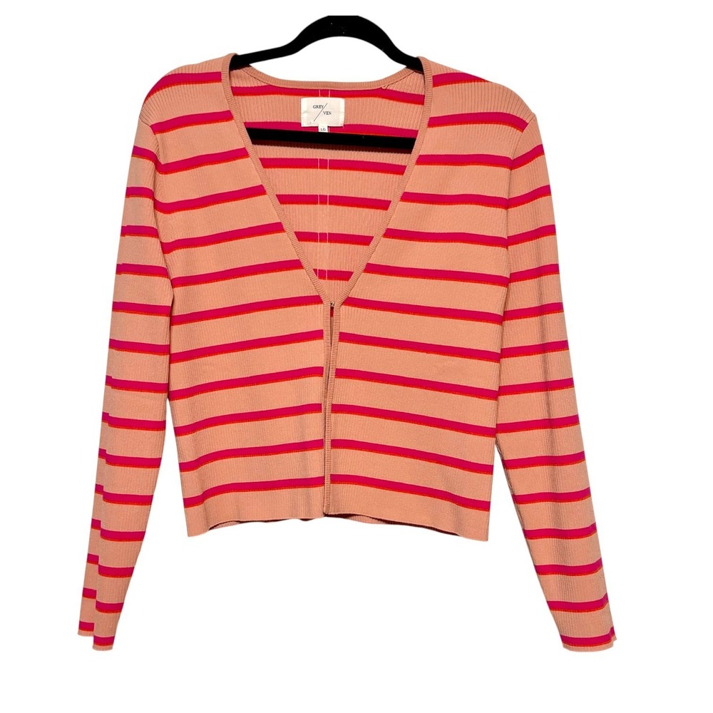 Grey Ven Scandi‎ Striped Cardigan Womens Size M Soft Girl Retro Prep Coquette